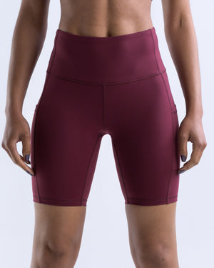 In-Motion Biker Shorts (Pockets)- Cranberry - Equinox Movement 